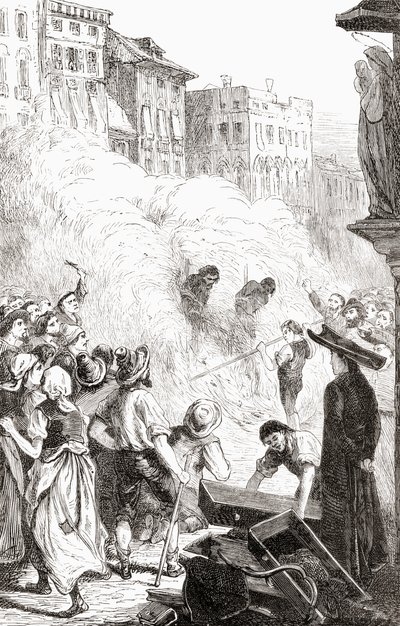 Das Massaker an Protestanten in Barletta, Italien (Holzstich) von English School
